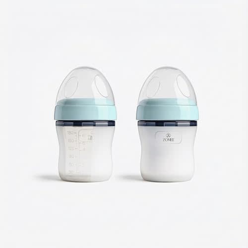 Zomee Silicone Baby Bottles, 6 oz, 2 Pack, Anti-Colic, BPA-Free | Medical-grade, wide-neck slow-flow nipples, punch tool to open the flow, rated to 356F