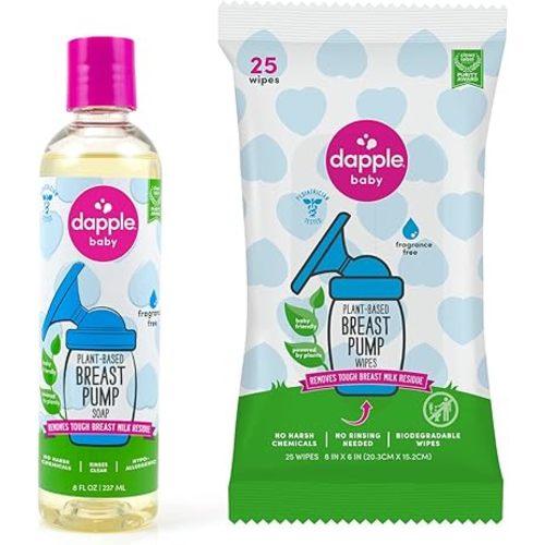 Dapple Breast Pump Cleansing Bundle, Powered by Plants, Hypoallergenic, Fragrance Free, Includes Breast Pump Wipes 25 Count and Breast Pump Soap 16.9 Fl Oz