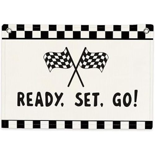 SJDFCSA Car Room Decor for Boys, Race Car Banner Canvas Wall Art Hanging, Trendy Black White Checkered Wall Decor Hanging Banner Flag for Boys Nursery Room Bedroom Playroom Prints 30x20in