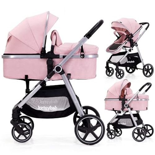 Lortsybab 2-in-1 Baby Stroller - Folding Infant Newborn Pram Stroller with Reversible Seat - Toddler Strollers for 0-36 Months Old Babies (Pink)