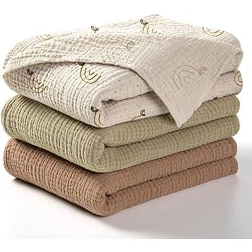 lulumoon Baby Muslin Swaddle Blankets: Soft Receiving Blanket for Newborn - Cotton Swaddling Blanket for Neutral 3Pack(Rainbow Khaiki)