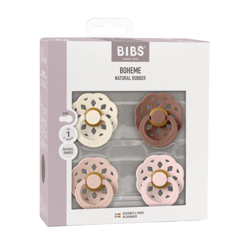 BIBS Pacifier Boheme Size 1, 0-6 Months, Ivory/Blush/Woodchuck/Blossom, 4 Pack