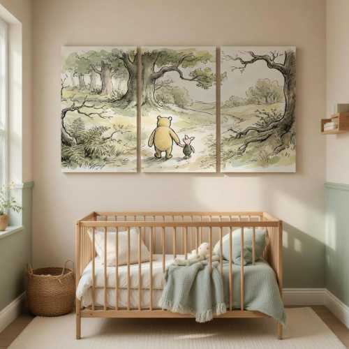 Winnie the Pooh and Piglet Canvas Wall Art, Classic Disney Nursery Decor, Hundred Acre Wood Triptych, 3 Piece Custom Pooh Wall Decor