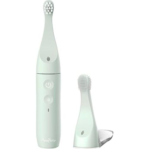 Pure Enrichment PureBaby Infant-to-Toddler Electric Toothbrush - Waterproof Baby & Toddler Toothbrush with Silicone & Bristle Heads, Sonic Vibration, & Timer - Ages 6 Mo-3 Yrs (Sage Green)