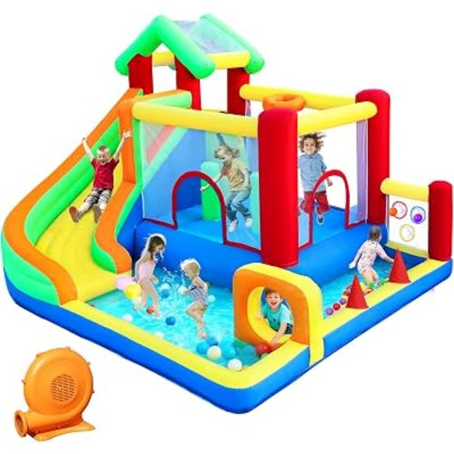 Bounce House, Inflatable Bounce Castle with Blower for Kids Indoor Outdoor, Blow Up Jumping Castle with Ball Pit, Slide, Climbing Wall, Dart Target, Basketball Hoop