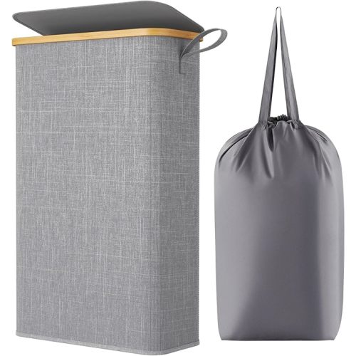 Lifewit 65L Slim Laundry Hamper with Lid, Narrow Laundry Basket with Removable Bag & Bamboo Handles, Fodable Thin Dirty Clothes Hamper for Laundry Collapsible Bin for Bathroom Bedroom Dorm, Gray