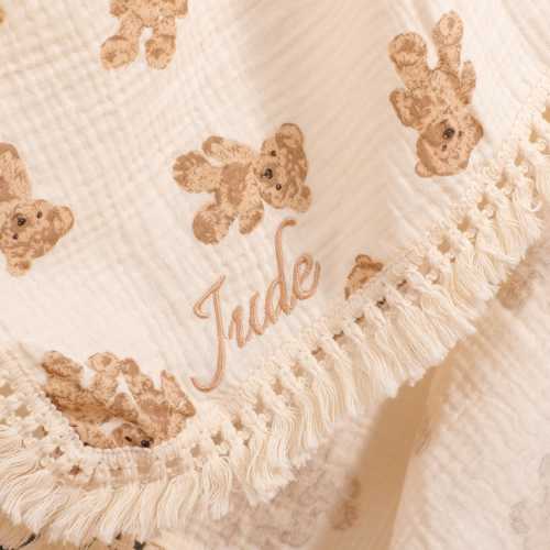 Personalized Teddy Bear Baby Blanket: Embroidered Cotton Newborn Gift