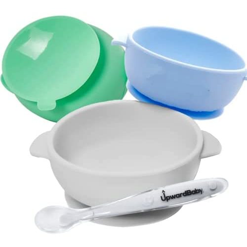 Baby Bowls with Suction - 4 Piece Silicone Set with Spoon for Babies Kids Toddlers - Upward Baby - BPA Free First Stage Self Feeding Utensils