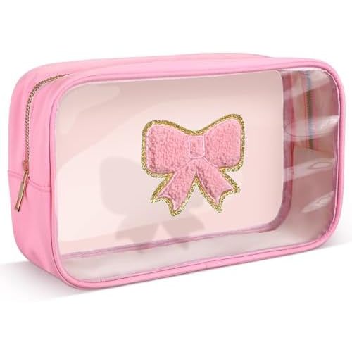 Kacctyen Pink Bow Clear Makeup Bag Coquette Pink Bow Travel Toiletry Preppy Cosmetic Bag Travel Organizer Trendy Portable Gift for Women Girlfriend Bridesmaid Birthday Mothers Day