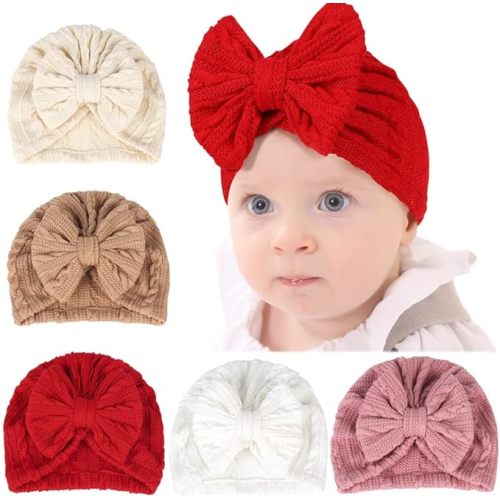 QandSweet 0-24 Months Newborn Girls' Hats Cotton and Linen Cap Infant Big Bow Hat Baby Shower (6 Pack)