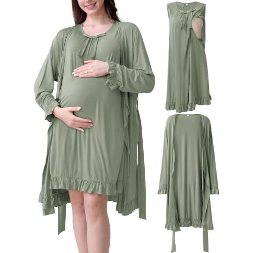 Maternity Nursing Gown & Robe Set, Ruffle Labor Delivery Nightgowns | 2 PCS Hospital Nursing Dress Set, Hidden Breastfeeding Access, Soft Postpartum Clothes for Mom & Baby Photos