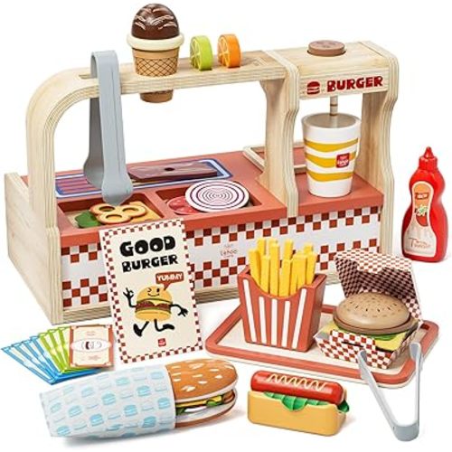 Lehoo Castle Wooden Play Food Sets, Play Hamburger Counter Shop, Toy Food for Toddlers, Play Food Sets for Kids Kitchen, Fake Food Pretend Play for Toddlers 3-5