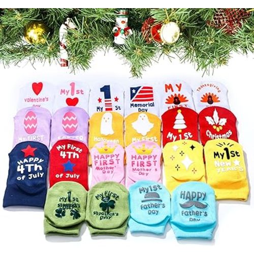 11 Pairs Baby Socks Gift Set Baby 1st Christmas Socks Baby Socks with Sayings on The Bottom Non Slip Unique Newborn Baby Socks with Grips for Various Festival Seasons Unisex,0-12 Months