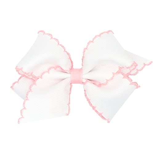 Wee Ones Girls' Classic Grosgrain Moonstitch Edge Hair Bow on a WeeStay Hair Clip, Contrasting Edge, Small, White with Light Pink