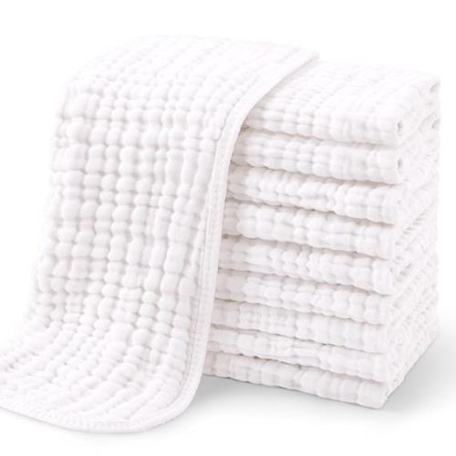Yoofoss Muslin Burp Cloths for Baby 10 Pack 100% Organic Cotton Baby Washcloths for Boys Girls Large 20''X10'' Super Soft and Absorbent White