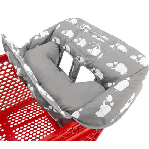 Soft Pillow Attached 2-in-1 Shopping Cart and High Chair Cover for Baby, Cotton Padded Cart Cover, Fold'n Roll Style, Portable with Carry Bag (Gray Elephant)