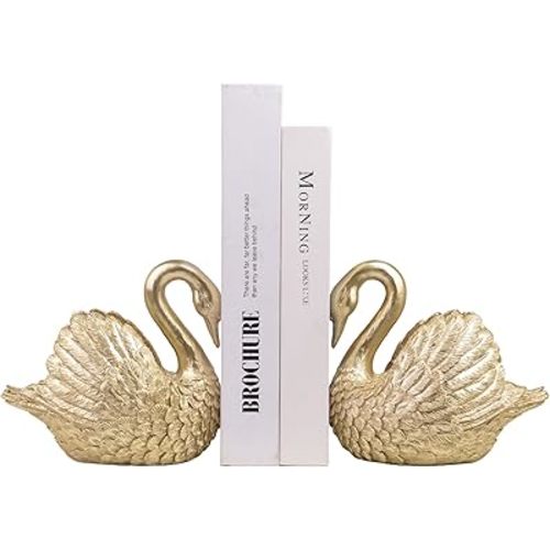 Swan Decorative Bookends,Resin Book Ends for Shelves,Unique Gold Book Holders,Heavy Duty Swan Decor for Home Office Desk Bookshelf,Set of 2