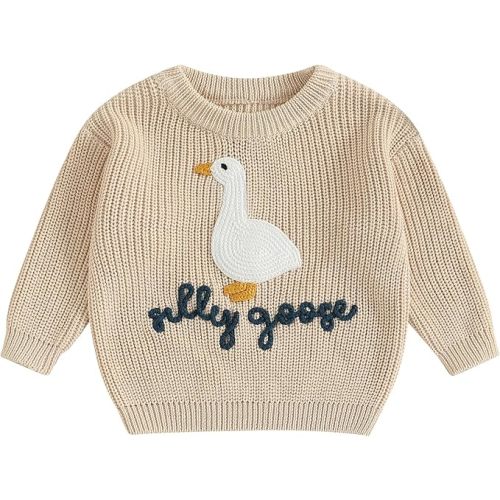 Toddler Baby Boy Girl Goose Outfit Silly Goose Embroidered Crewneck Long Sleeve Sweater Chunky Knit Fall Winter Tops