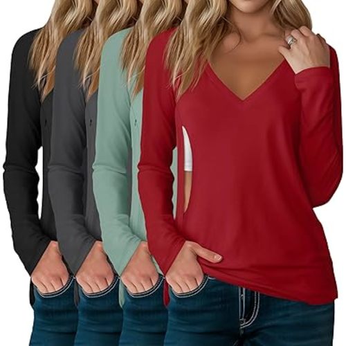 4 Pack Women's Long Sleeve Nursing Shirts with Hidden Zipper V Neck Breastfeeding Clothes Maternity Loose Fit Tops
