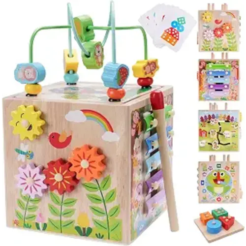 Wooden Activity Cube | Montessori Toys for 1 2 3 Year Old Toddlers | One Year Old 1st First Birthday Gift | Educational Toys for 12+ Months Baby Boys Girls | Bonus Sorting & Stacking Game (Pink)