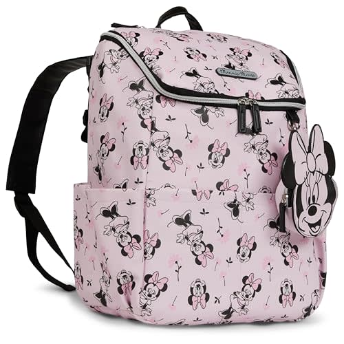 Disney Diaper Bag Backpack with Changing Pad Minnie Mouse – 16” Nylon Baby Bag for Parents, Insulated Bottle Holders, Multiple Storage Pockets