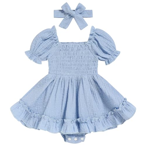 GRNSHTS Baby Girl Romper Dress, Puff Sleeve Smocked Outfit with Headband for Infants Soft Cotton Photo Shoot