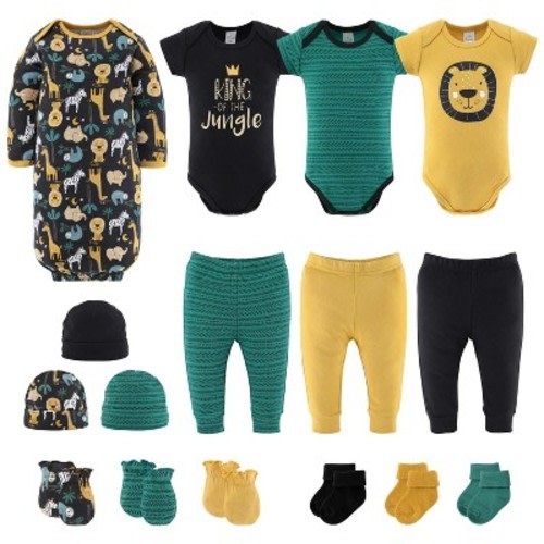 The Peanutshell Layette Gift Set for Baby Boys, King of the Jungle, 16 Essential Pieces, 3-6 Months, Green