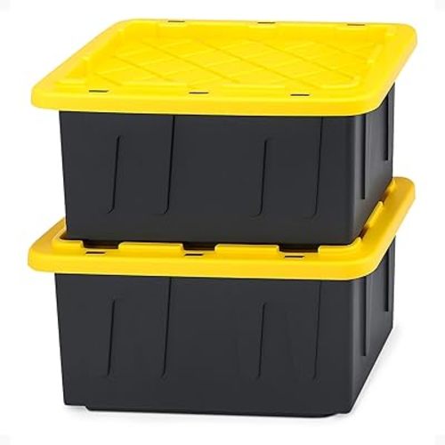 HOMZ 2-Pack Durabilt, Heavy Duty Plastic Storage Bins with Lids, 15 Gallon, Black/Yellow - Stackable Container Boxes for Home, Attic, and Garage Organization