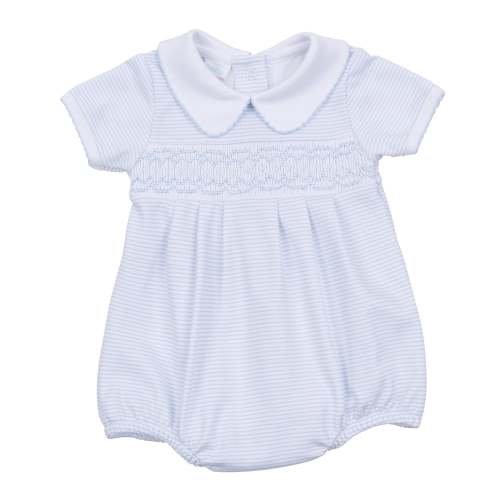 Mini Stripes Smocked Bubble - Light Blue