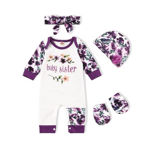 Baby Girl Clothes Patter&Letter Baby Girl Romper with Bow Hat&Headband and Gloves 4Pcs Baby Girl Coming Home Outfit