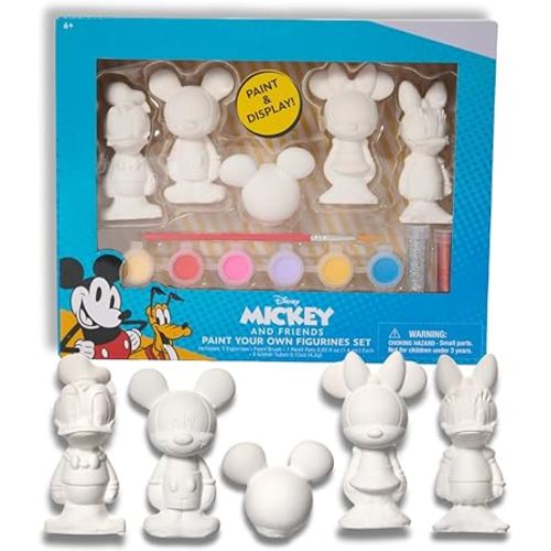 Innovative Designs Disney Mickey and Friends DIY Paint Your Own Figurines Arts and Crafts Set for Kids, Paint, Paint Brush, and Glitter – Mickey Mouse, Minnie Mouse, Daisy and Donald Duck