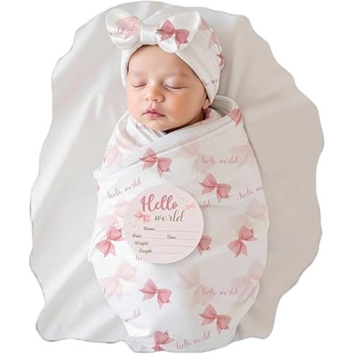 Ylsteed Newborn Receiving Blanket Headband Set, Baby Swaddle Floral Swaddle Wrap, Baby Swaddle Blankets for Newborns with Hat, Swaddling Wrap 32 x 32 inches Soft and Skin-Friendly