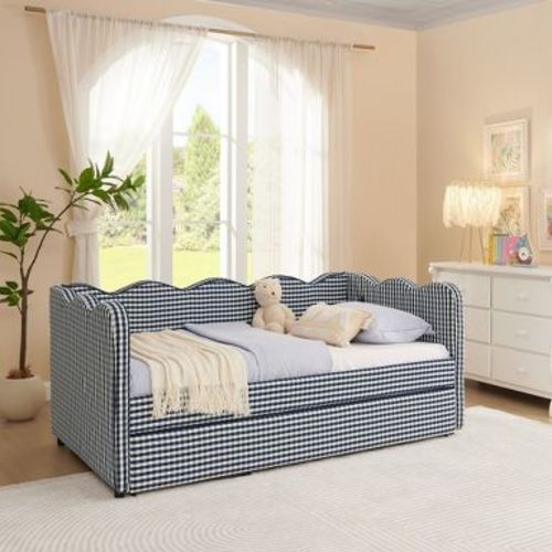 Zeus & Ruta Twin Daybed with Trundle & Wavy Headboard - Navy