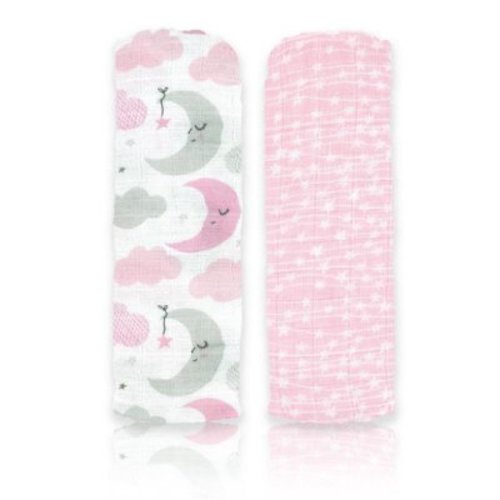 Rose Textiles - 2Pk Baby Girl Muslin Swaddle Blankets, Pink Star/Wave
