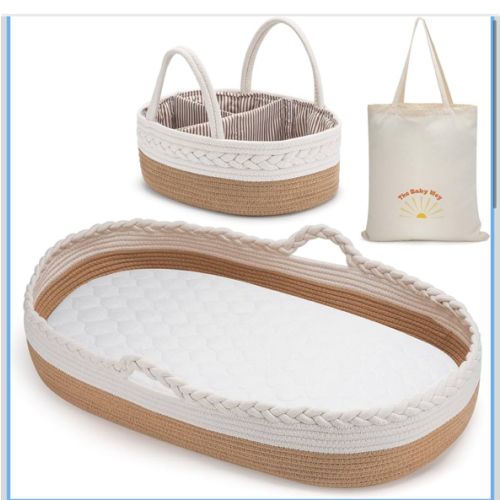 Moses Basket by The Baby Wey, Moses Baskets for Newborn, Baby Changing Basket, 2 Washable Waterproof Pad Covers, Diaper Caddy, Tote Bag, Portable Changing Pad