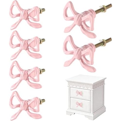 6 Pcs Bow Knobs for Dresser, Pink Metal Decorative Drawer Pulls with Screws Vintage Dressers Handles for Cupboard, Wardrobe, Tables Decor
