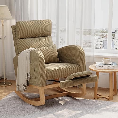 GarveeHome Corduroy Rocking Chair with Footrest, Modern Nursery Glider Chair with Side Pockets and Pillow, Rocker Chair for Living Room Bedroom Nursing Room, Brown