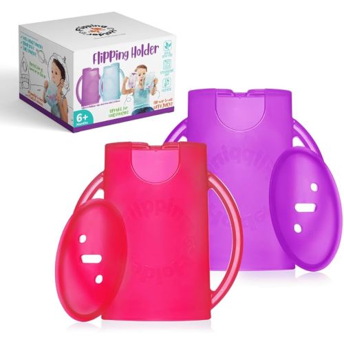 Flipping Holder Squeeze Proof Food Pouch Holder for Toddlers, Babies, Kids, Mess Free No Squeeze Juice Box Drink and Applesauce Snack Holder with Easy Grip Handles and Lid