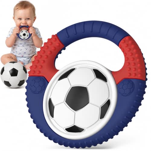 Baby Teething Toys Silicone Baby Soccer-Themed Teether Over 3 Months | Sensory Chew Toys - Baby Teether for Teething Relief - BPA Free Infant Toys Baby Shower Gifts (Blue&Red)