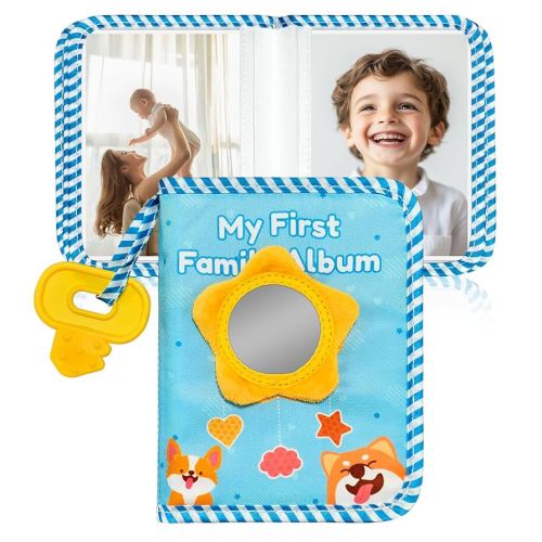 My First Photo Album for Baby, 18|4x6" Baby Photo Book with Soft Cloth Cover & Safety Mirror, Toddler Baby Family Photo Book for Newborns Baptism Birthday Gifts, Blue Puppy