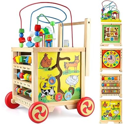 Wooden Activity Cube 6 in 1 Montessori Educational Learning Sensory Toys for 1 Year Old 12-18 Months Boys Girls First Birthday Gifts for Baby Toddler Toys Age 1-2 Bead Maze Shape Sorter Abacus