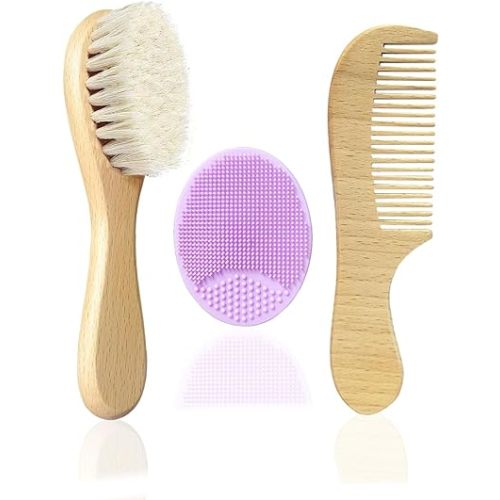 Baby Hair Brush with Wooden Handle and Comb Set for Newborns & Toddlers | Natural Soft Goat Bristles l Wood Comb l Purple Silicone Brush| Ideal for Cradle Cap (3 Piece)