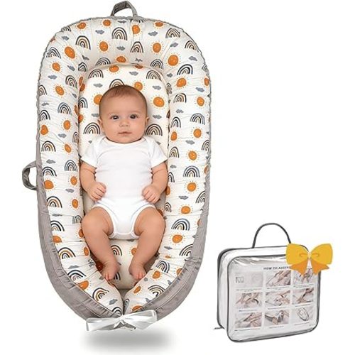 Baby Lounger-Breathable and Soft Organic 100% Cotton, Portable Infant Lounger with Removable Lounger Cover, Floor Lounger for Newborn - Ao Rainbow