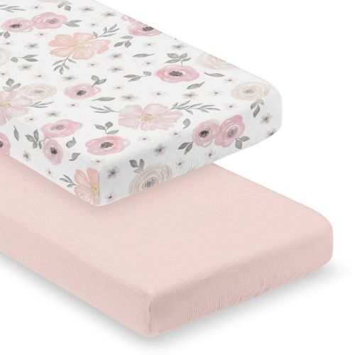 Sweet Jojo Designs Baby Girl Fitted 100% Cotton Muslin Crib Sheets Set Watercolor Floral Pink Grey and White 2pc