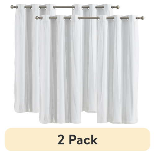 (2 pack) Your Zone White Blackout with Sheer Overlay Grommet Curtain Panel, 37" x 63"