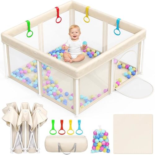 Foldable Baby Playpen: 50"×50" Playpen for Babies and Toddlers Portable Setup Baby Play Pen with Mat Indoor Outdoor Safety Fence Play Yard Kids Play Area with Storage Bag 50 Ocean Balls 4 Handlers