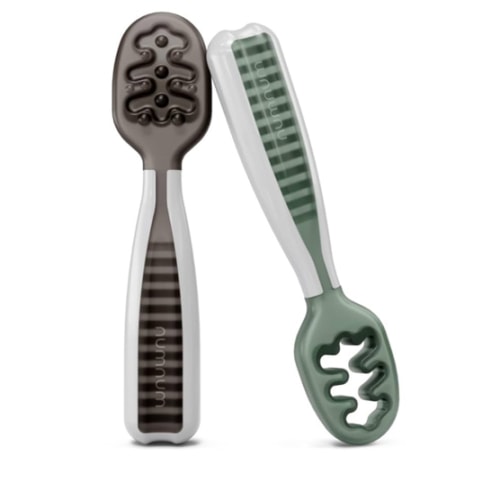 NumNum Baby Spoons Set, Baby Essentials Pre-Spoon GOOtensils for 6+ Months, First Stage Self-Feeding Spoons for Baby Led Weaning (BLW), Silicone Toddler Utensils, BPA-Free, 2 Pack Gray/Green