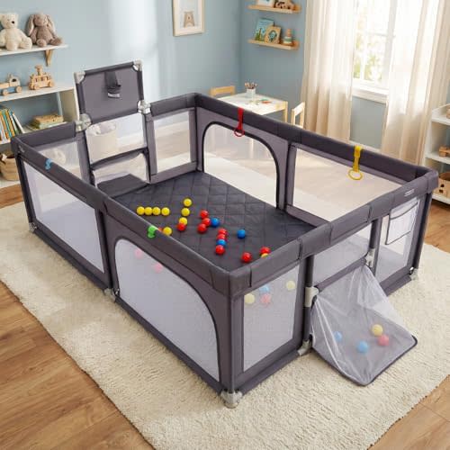 Costzon Large Baby Playpen, 81'' x 57'' Playpen for Babies and Toddlers w/Basketball Hoop & Soccer Nets, Pull Rings & Ocean Balls, Zippered Gates, Portable Indoor Safety Sturdy Play Yard