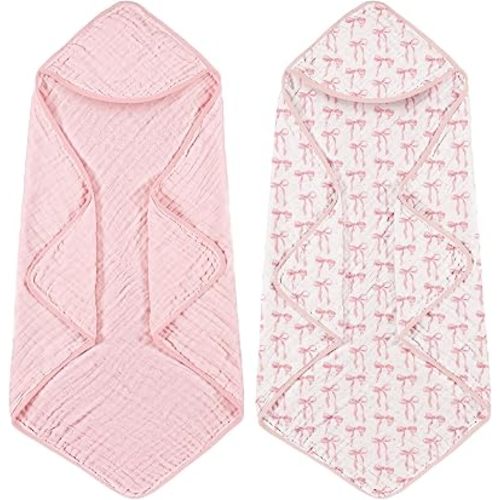 Hahafelt 2 Pcs Baby Towels with Hood 100% Muslin Cotton, Pink Bow