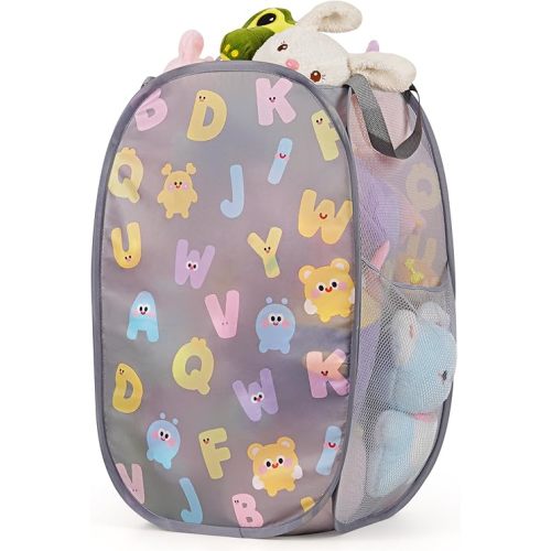 Collapsible Pop Up Hamper for Baby Clothes or Toys Storage, Mesh Hamper with Handles & Side Pocket, Multi-Use Laundry Hamper & Toy Basket, Portable for Home, Travel, Dorm (Gray-Vertical)